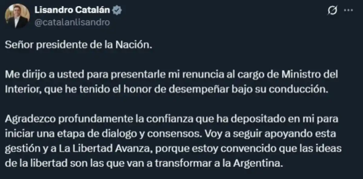 Tras la salida de Guillermo Francos, renunció también Lisandro Catalán al Ministerio del Interior