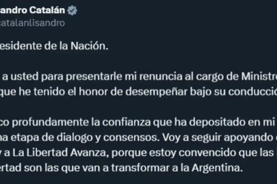 Tras la salida de Guillermo Francos, renunció también Lisandro Catalán al Ministerio del Interior
