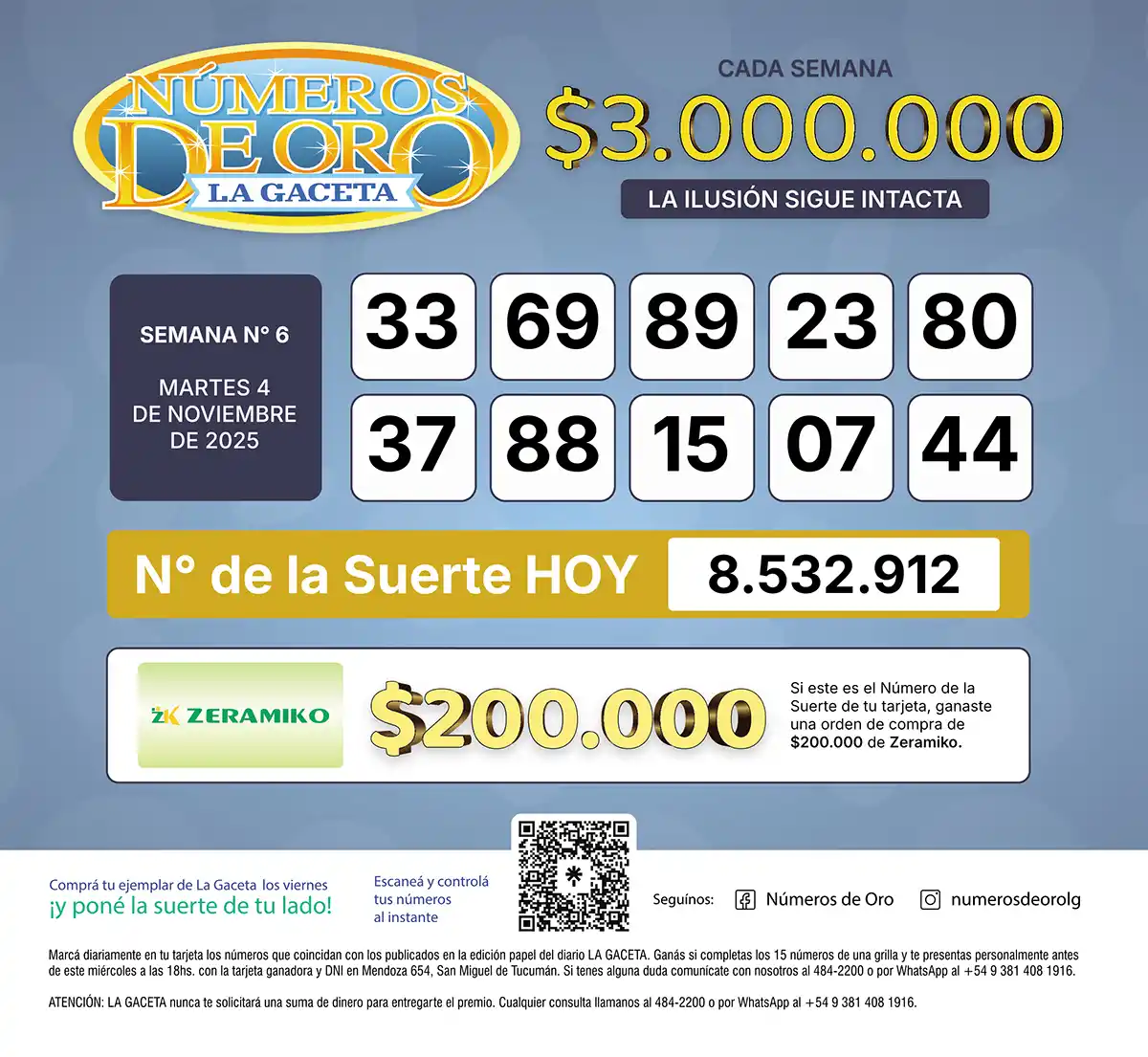 Los Números de Oro de LA GACETA del 4 de noviembre de 2025