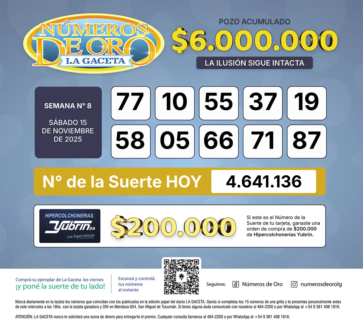 Los Números de Oro de LA GACETA del 15 de noviembre de 2025
