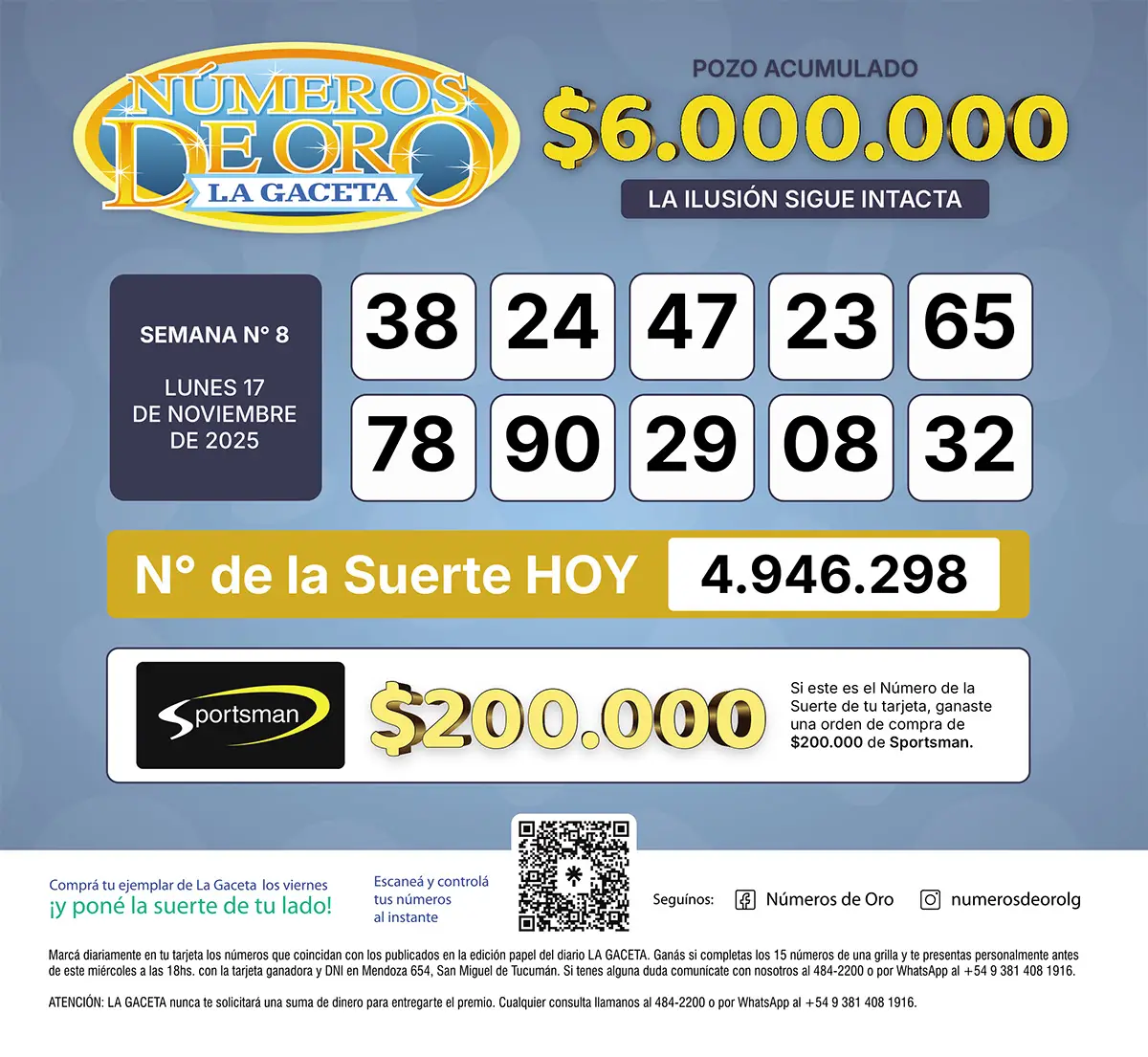 Los Números de Oro de LA GACETA del 17 de noviembre de 2025