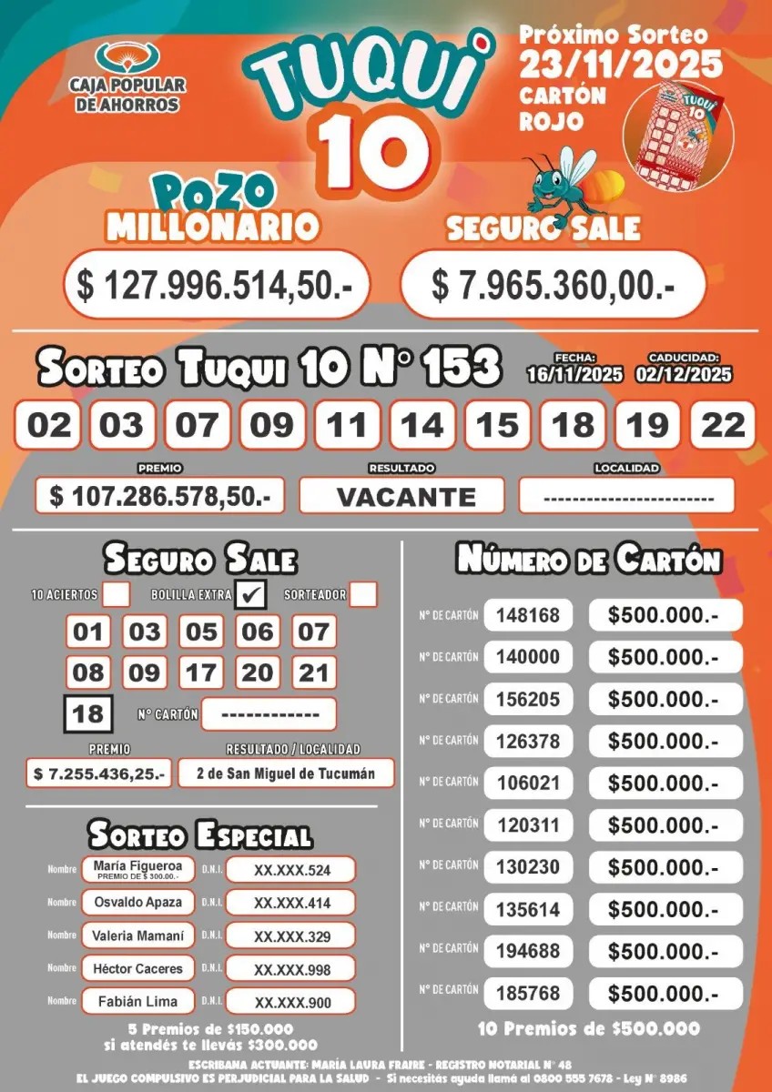 Tuqui 10: ¿cómo salió el sorteo del domingo 16 de noviembre?