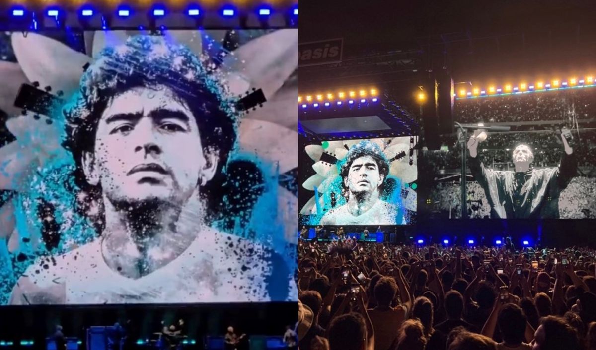Oasis en el Estadio Monumental con pantalla mostrando a Maradona