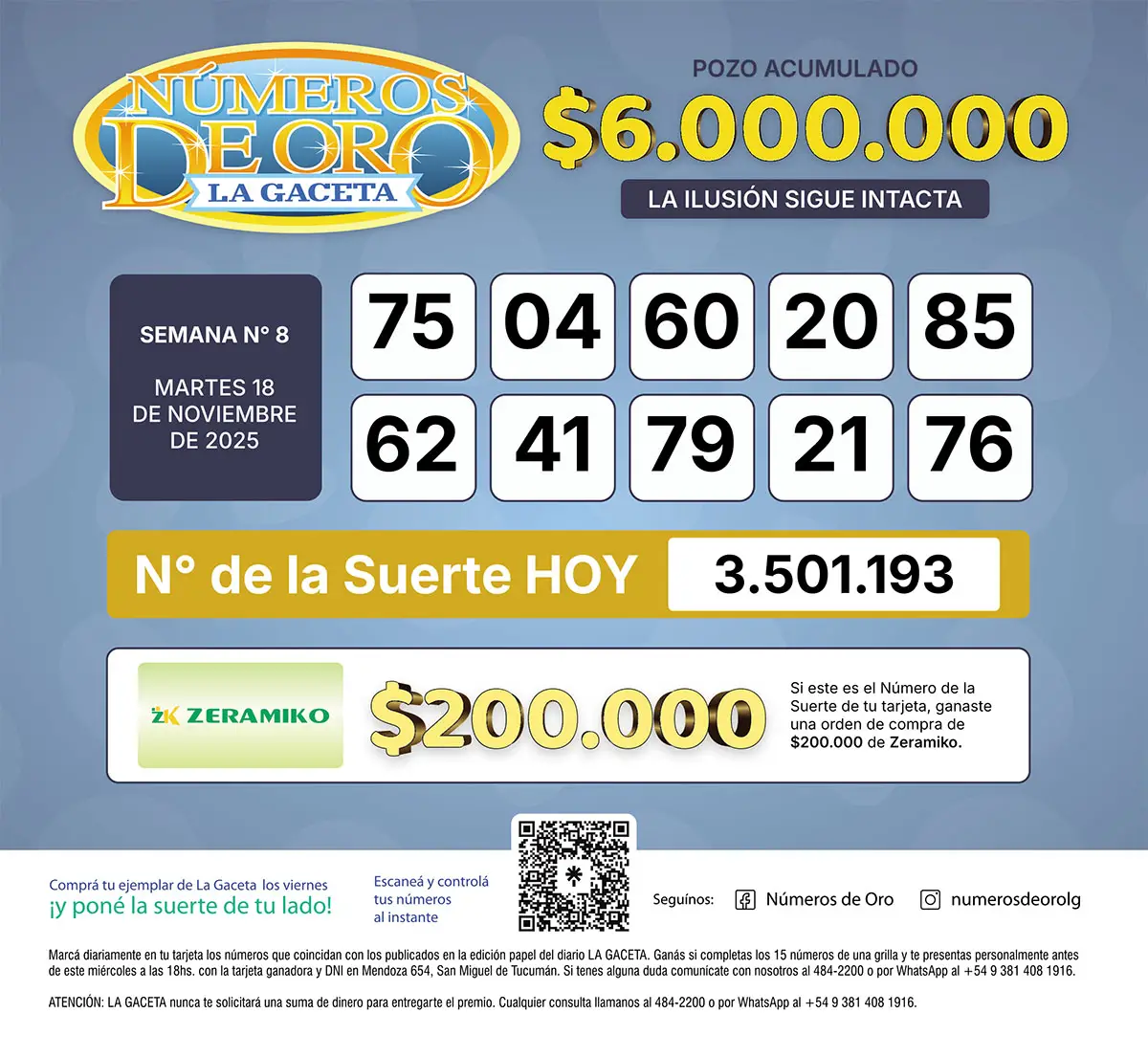 Los Números de Oro de LA GACETA del 18 de noviembre de 2025