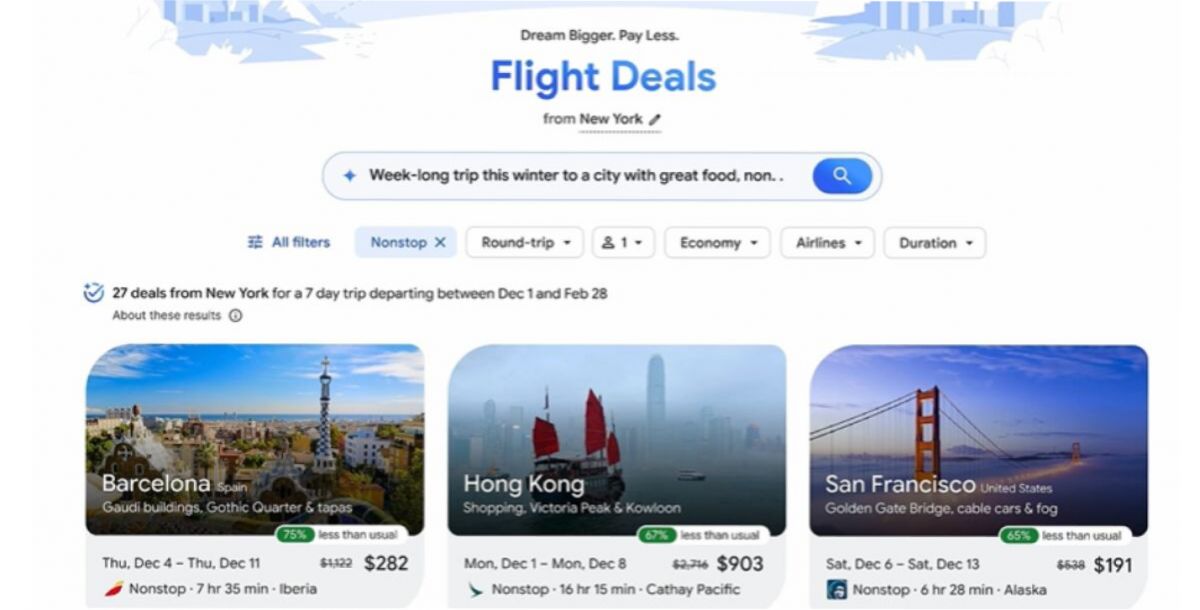 Interfaz de Google Flights mostrando resultados de vuelos