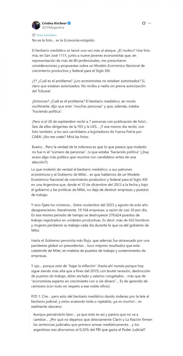 Cristina Kirchner, tras las nuevas restricciones: Molestó que hablemos de un modelo económico nacional de crecimiento