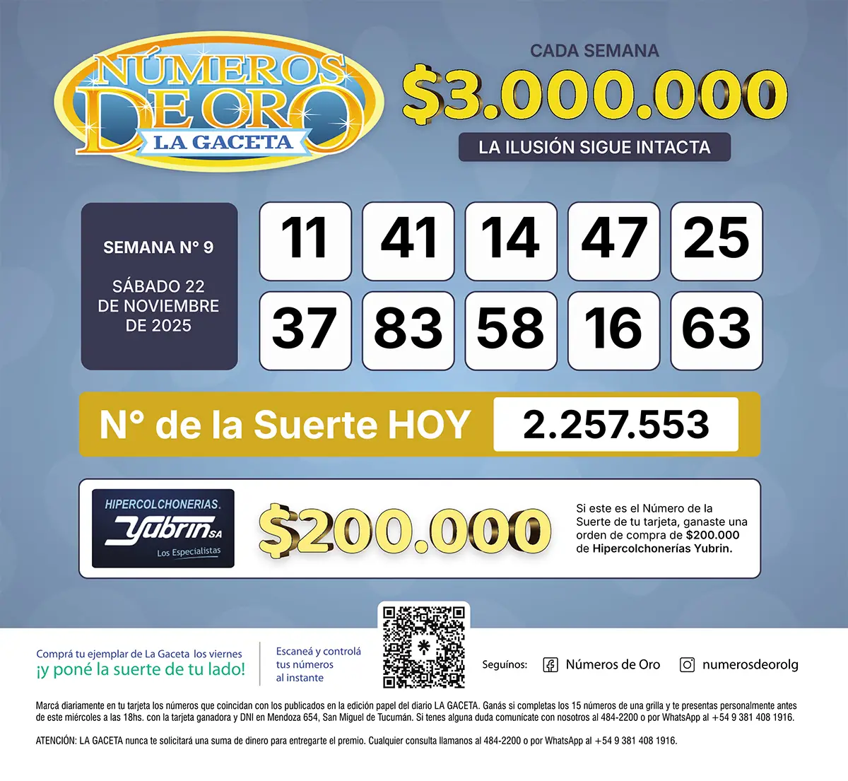 Los Números de Oro de LA GACETA del 22 de noviembre de 2025