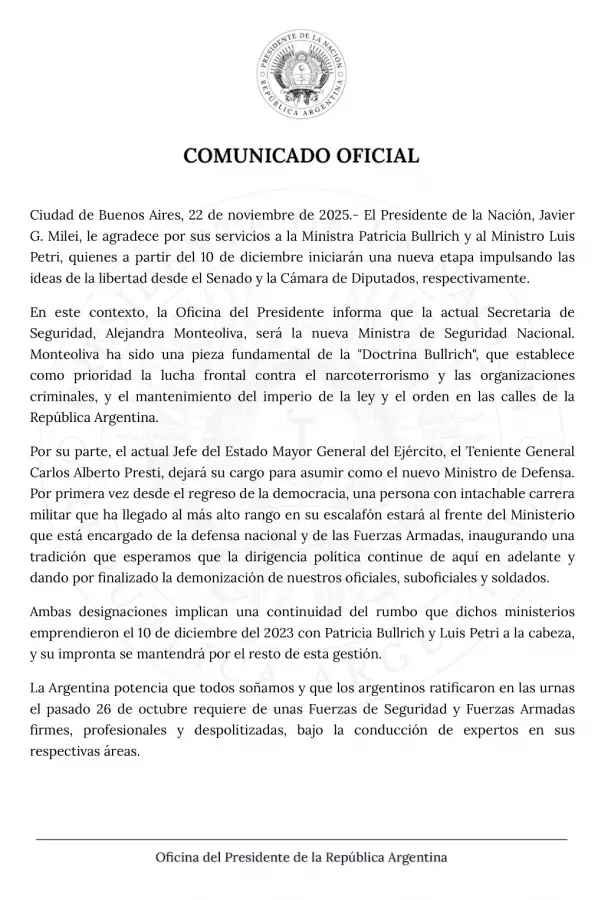 El mensaje de Milei a Bullrich y a Petri: así despidió el Presidente a los ministros que asumirán bancas en el Congreso
