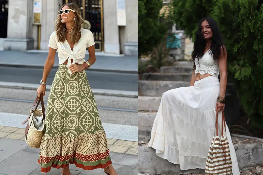 Los tules y estampados étnicos van de la mano con la falda boho.