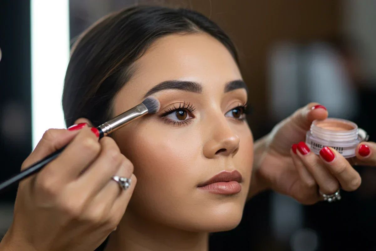 Mano aplicando maquillaje, primer plano de rostro y brocha