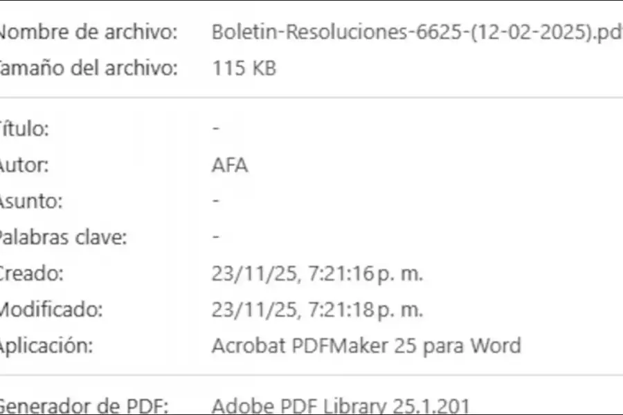 PDF BAJO SOSPECHA. El Boletín 6625 quedó en el centro de la polémica por la fecha real de creación del archivo y su posible uso para fundamentar sanciones contra Estudiantes.