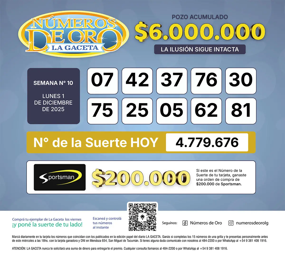 Los Números de Oro de LA GACETA del 1 de diciembre de 2025