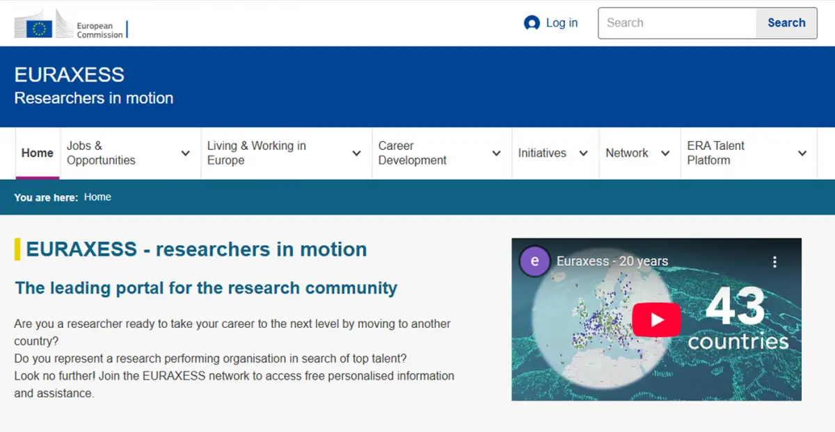 EURAXESS. El portal oficial de la UE que ordena el sistema educativo europeo y muestra las becas país por país. / CAPTURA DE PANTALLA