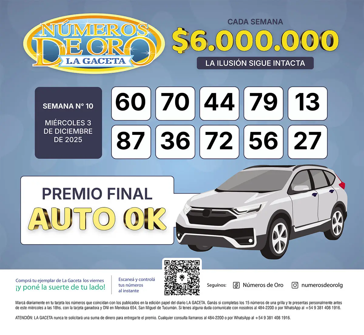 Los Números de Oro de LA GACETA del 3 de diciembre de 2025
