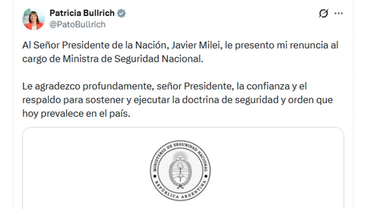 EN LAS REDES. El fin de semana, Bullrich confimó que dejaría su cargo para sumarse a una banca del oficialismo en el Senado.