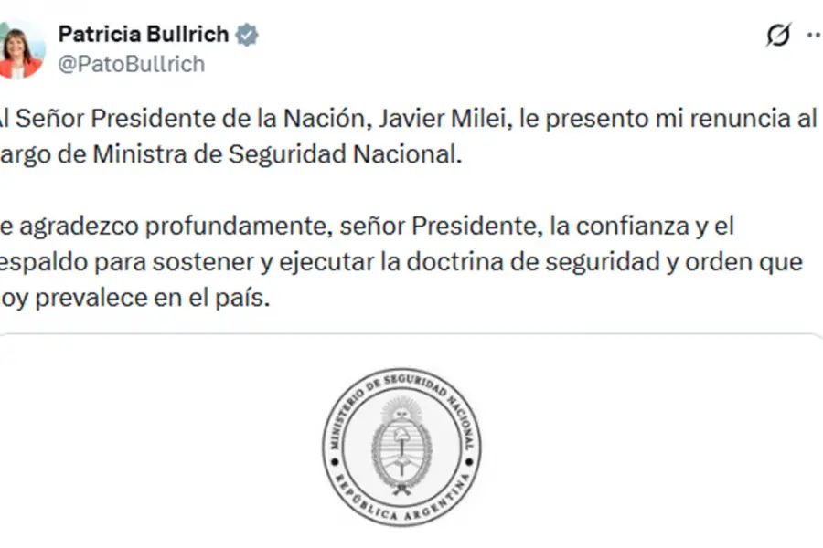 EN LAS REDES. El fin de semana, Bullrich confimó que dejaría su cargo para sumarse a una banca del oficialismo en el Senado.