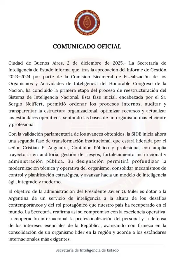 Cambios en la SIDE: Neiffert será reemplazado por Auguadra