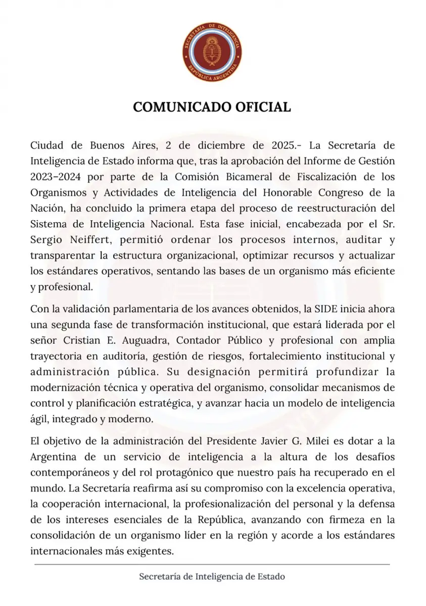 Cambios en la SIDE: Neiffert será reemplazado por Auguadra