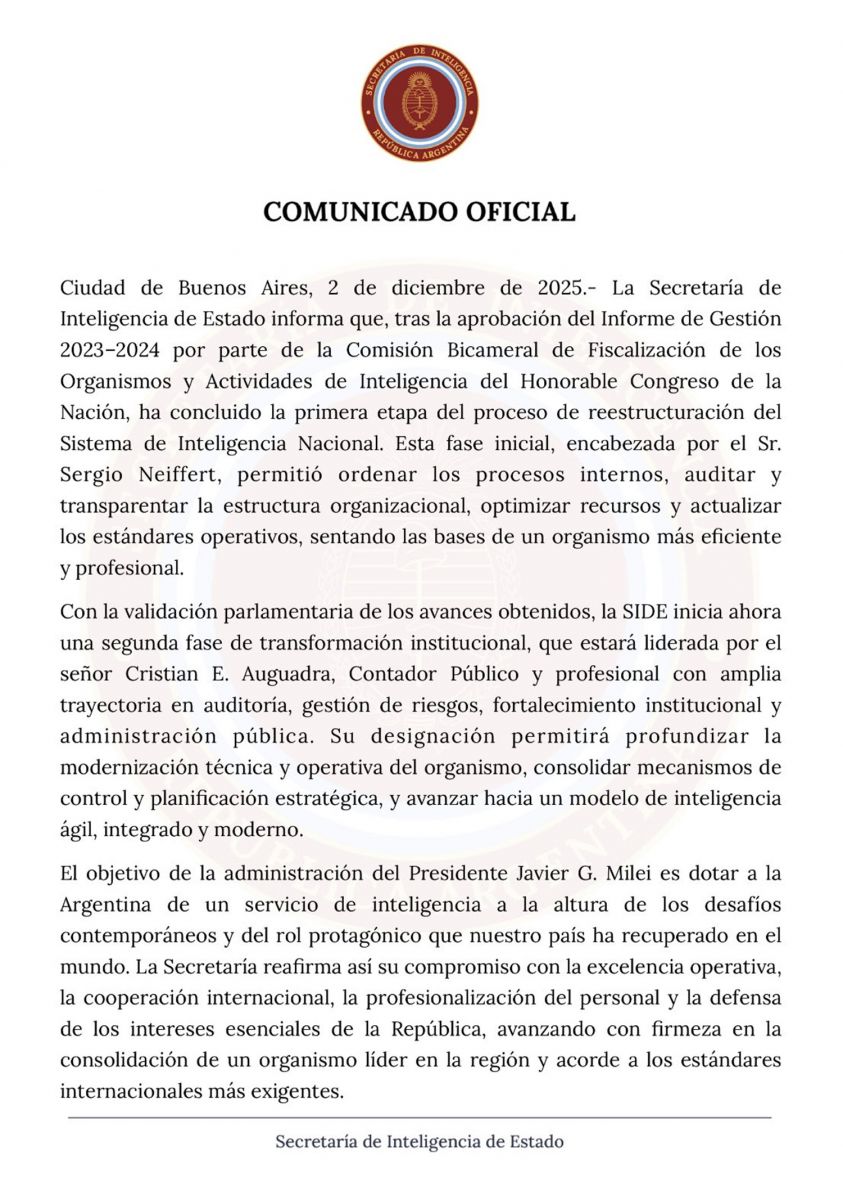 Cambios en la SIDE: Neiffert será reemplazado por Auguadra