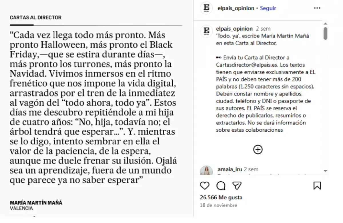 POSTEO DE EL PAÍS. La carta de María Martín Maná, publicada en la cuenta de Instagram del diario español.