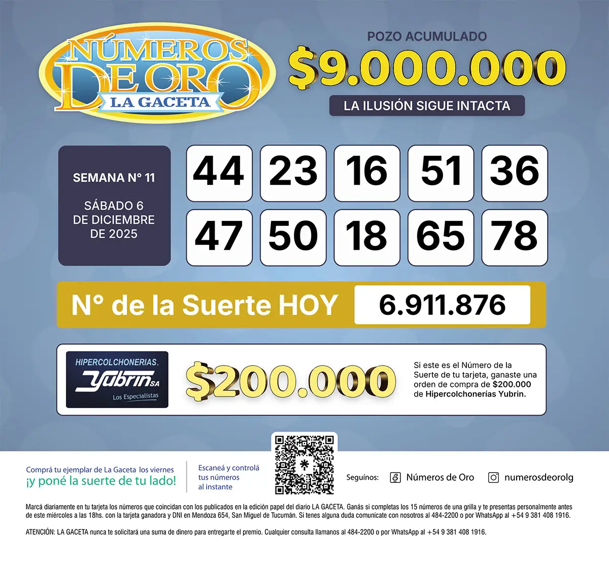 Los Números de Oro de LA GACETA del 6 de diciembre de 2025