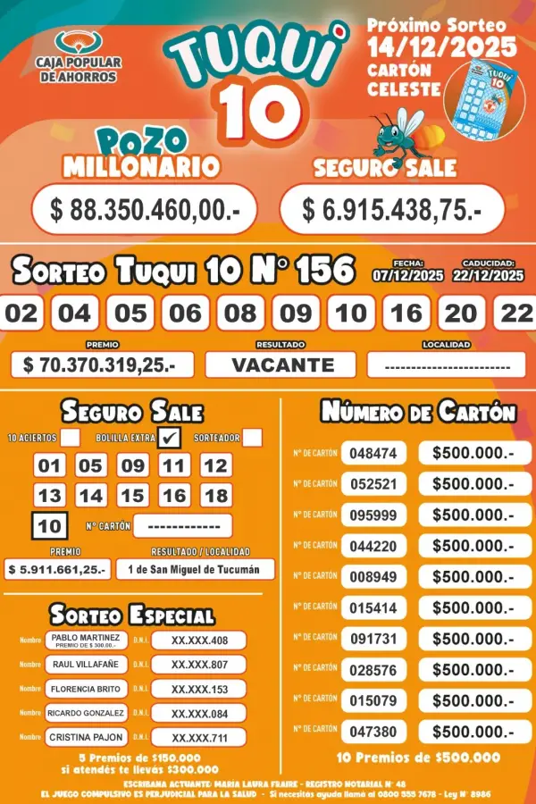 Tuqui 10: cómo quedó el primer premio de este domingo 7 de diciembre