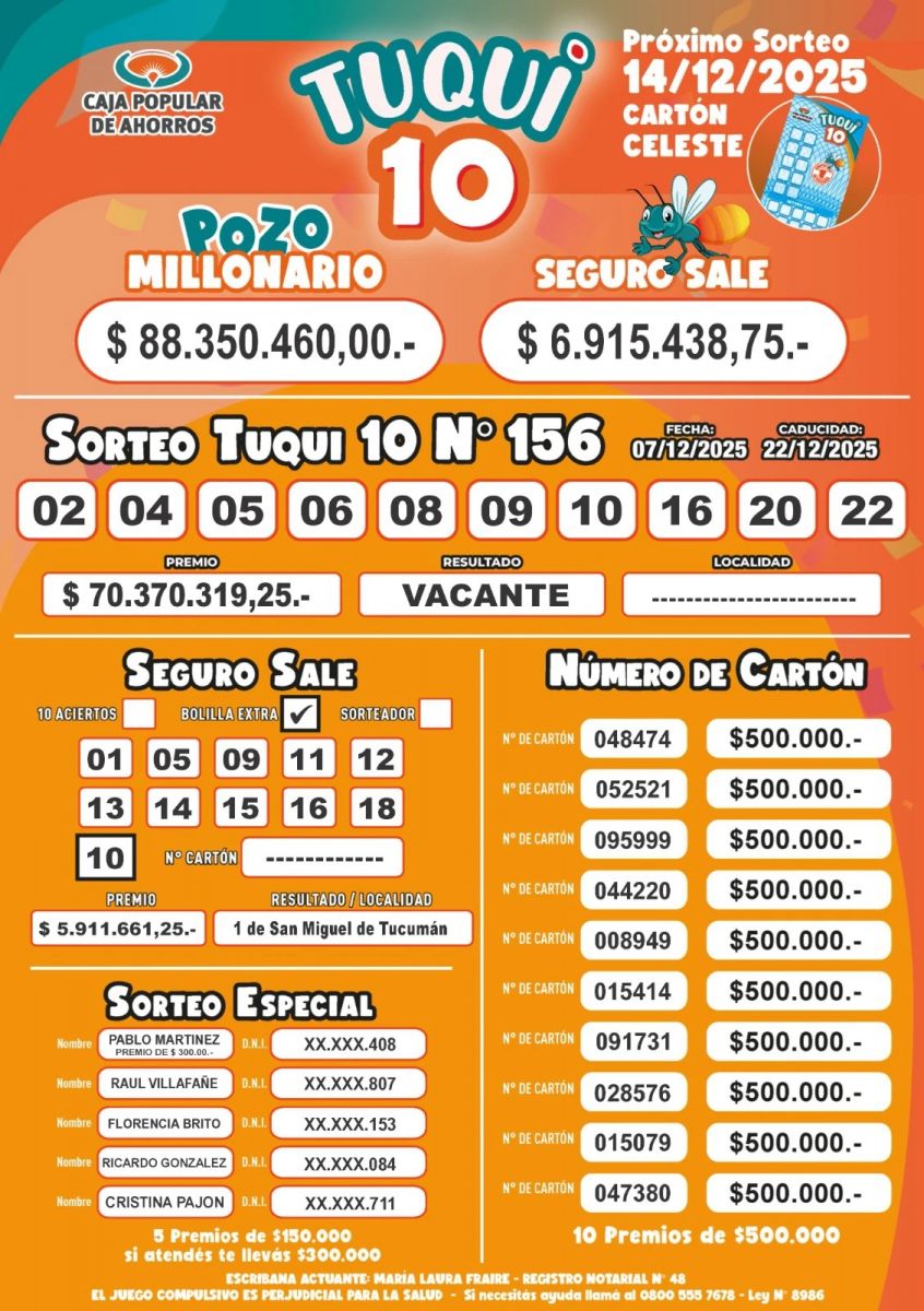 Tuqui 10: cómo quedó el primer premio de este domingo 7 de diciembre