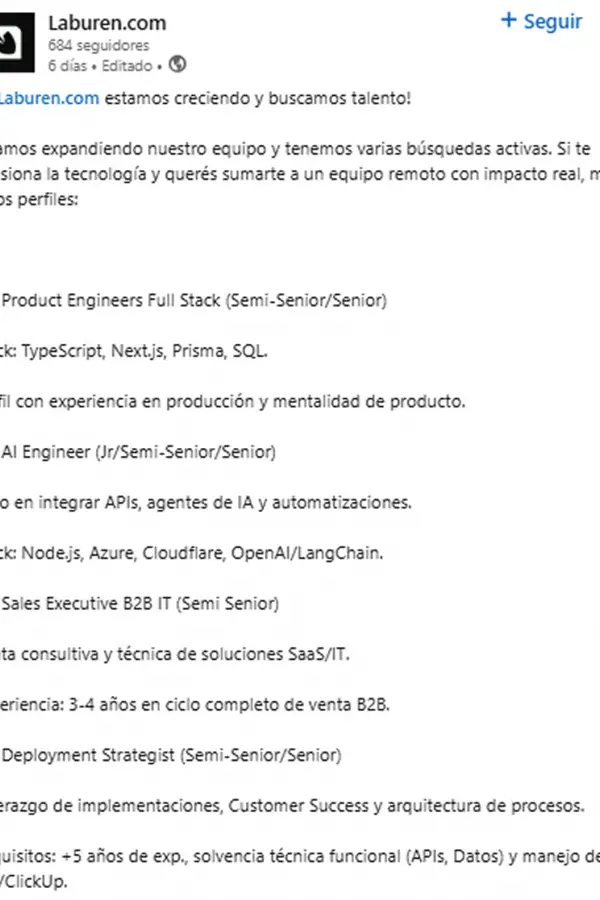STARTUP. Laburen lanzó vacantes remotas con sueldos en dólares y proyecta ampliar su equipo durante 2026.