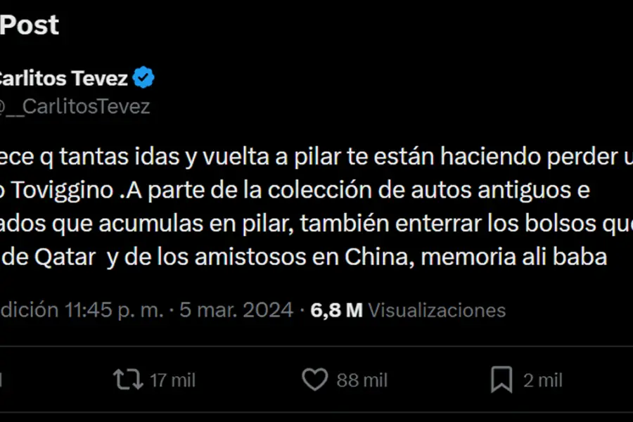 ARCHIVO EN REDES. El viejo tuit de Tevez contra Toviggino volvió a escena en medio de la investigación por Sur Finanzas.