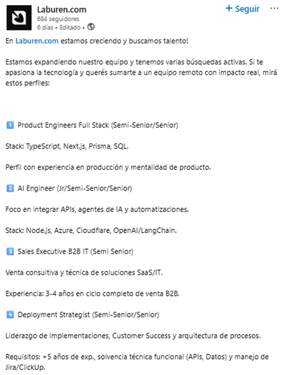 STARTUP. Laburen lanzó vacantes remotas con sueldos en dólares y proyecta ampliar su equipo durante 2026.