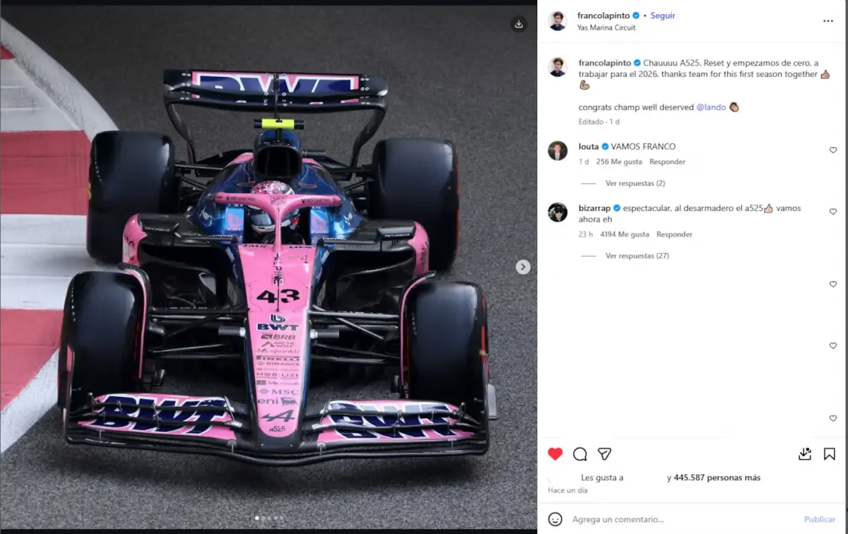 La particular publicación de Franco Colapinto para despedir su primera temporada de la Fórmula 1 con Alpine