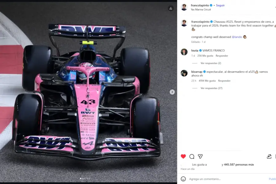 La particular publicación de Franco Colapinto para despedir su primera temporada de la Fórmula 1 con Alpine