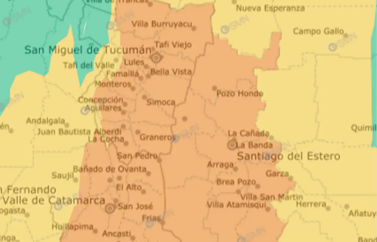 El límite de Santiago del Estero, Tucumán y Catamarca y sus alerededores están bajo alerta naranja por tormentas.