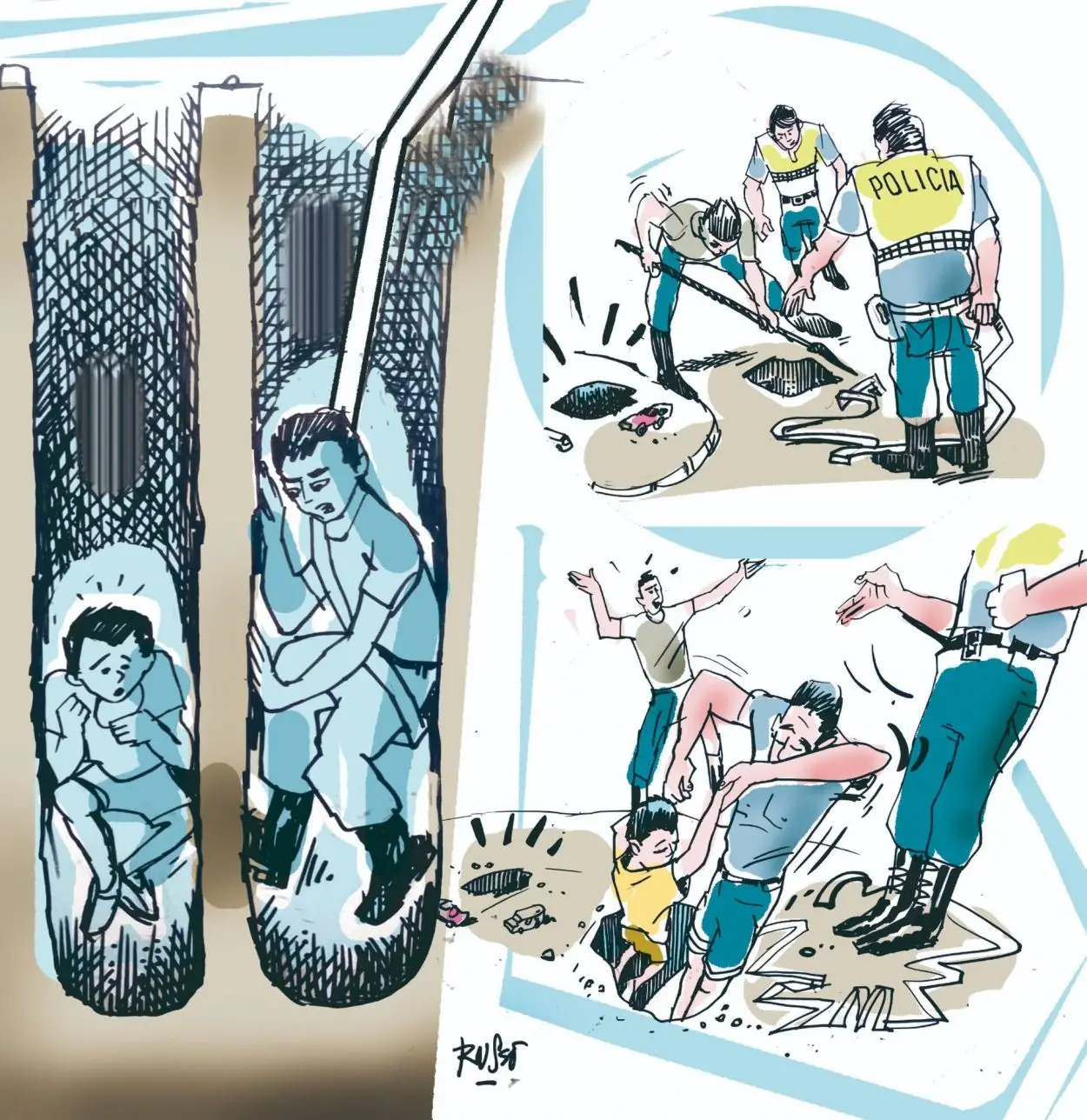 A SALVO. El comisario Diego Alejandro Paz con David, que resistió más de una hora encerrado en la oscuridad.