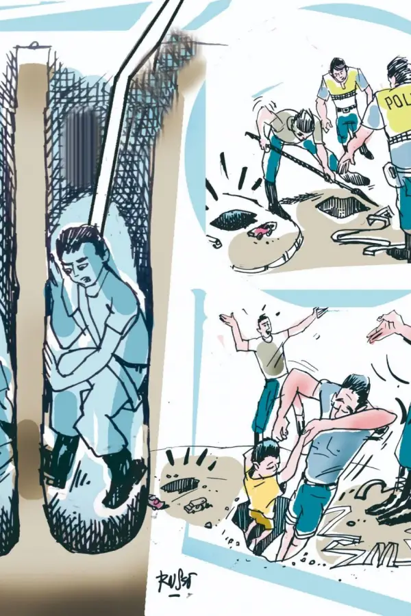 A SALVO. El comisario Diego Alejandro Paz con David, que resistió más de una hora encerrado en la oscuridad.