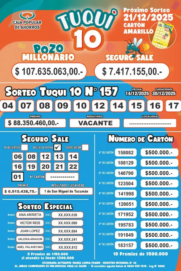 Tuqui 10: cómo salió el sorteo de este domingo 14 de diciembre
