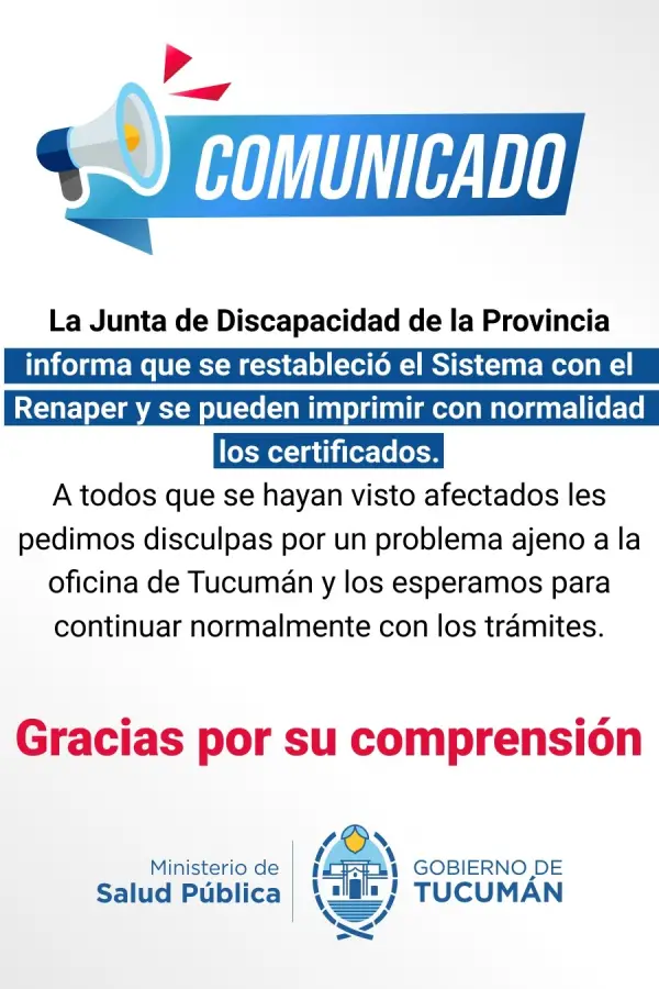 Restablecieron el sistema y se normaliza la emisión de certificados de discapacidad en Tucumán