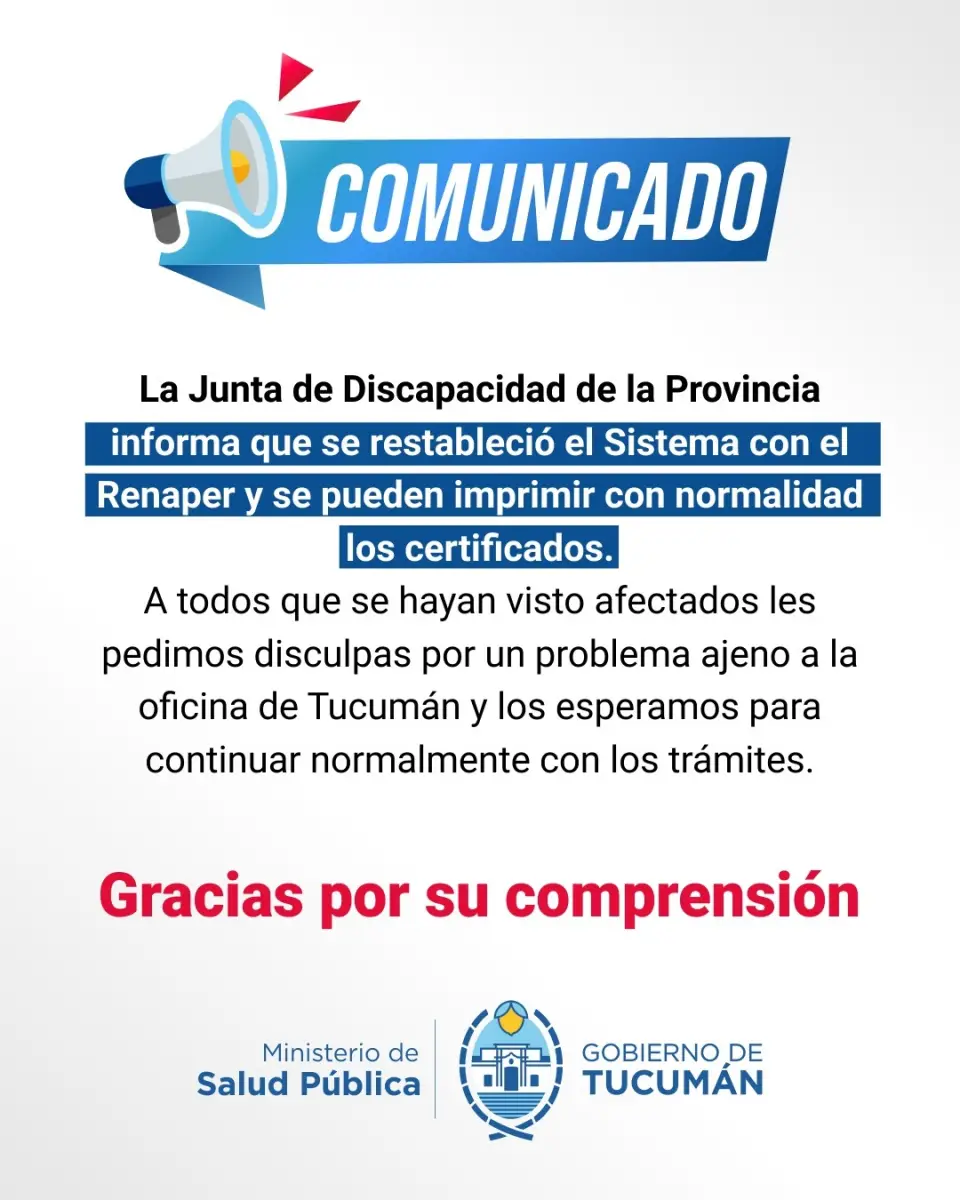 Restablecieron el sistema y se normaliza la emisión de certificados de discapacidad en Tucumán