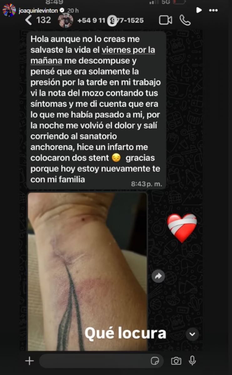 Joaquín Levinton y el mensaje que conmovió tras su infarto: “Me salvaste la vida”