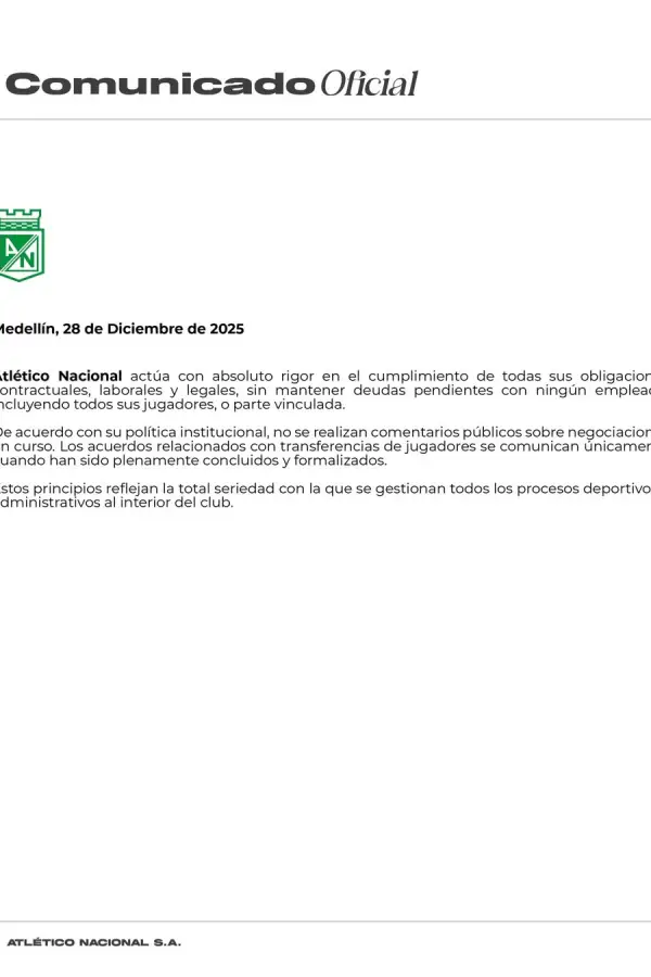 El comunicado emitido por parte del club verdolaga. | Fuente: Instagram @nacionaloficial