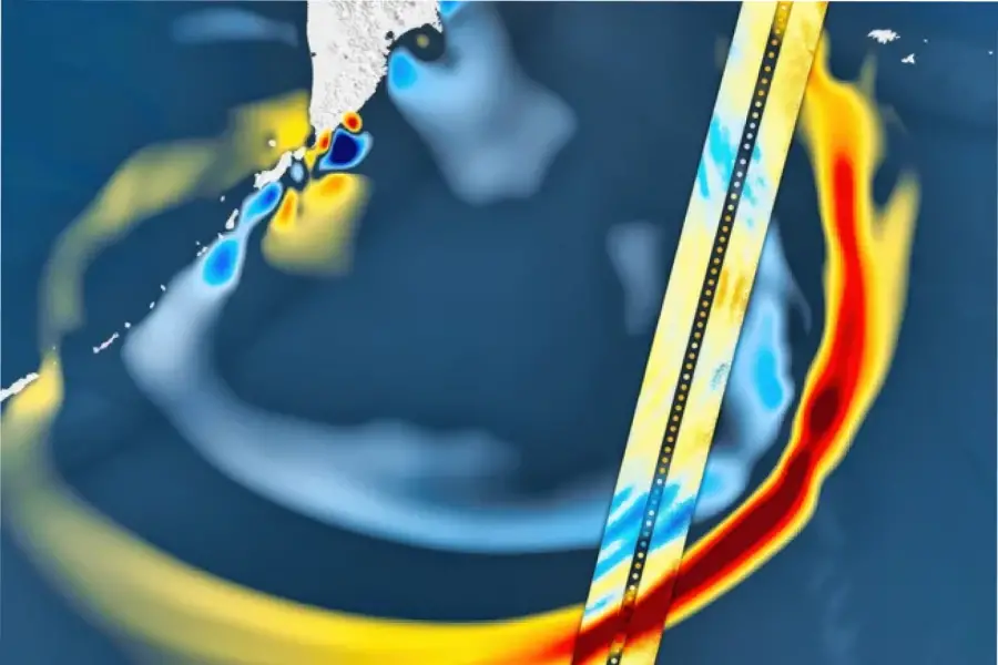 El satélite capturó la primera franja espacial de alta resolución de un gran tsunami en la zona de subducción.