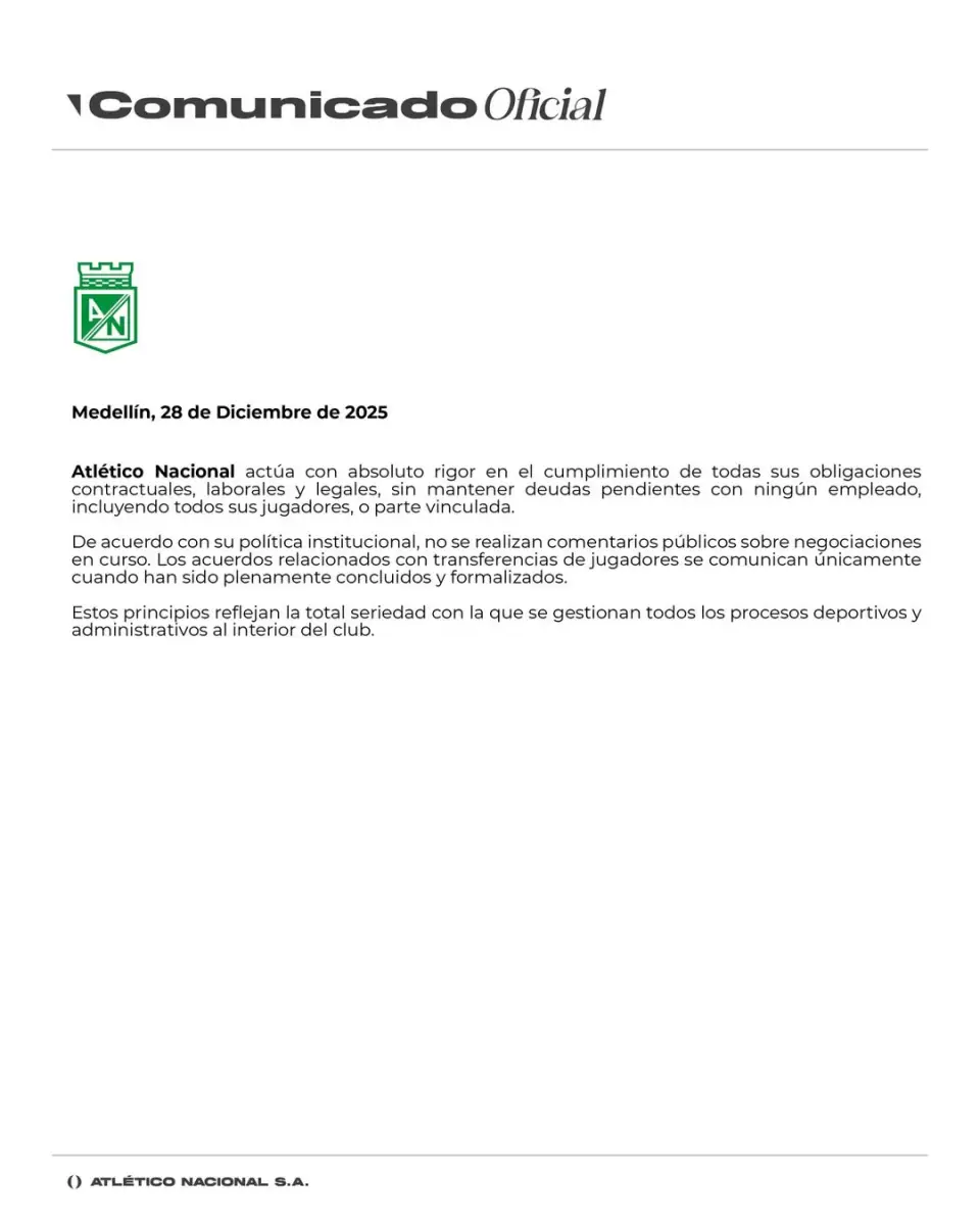 El comunicado emitido por parte del club verdolaga. | Fuente: Instagram @nacionaloficial