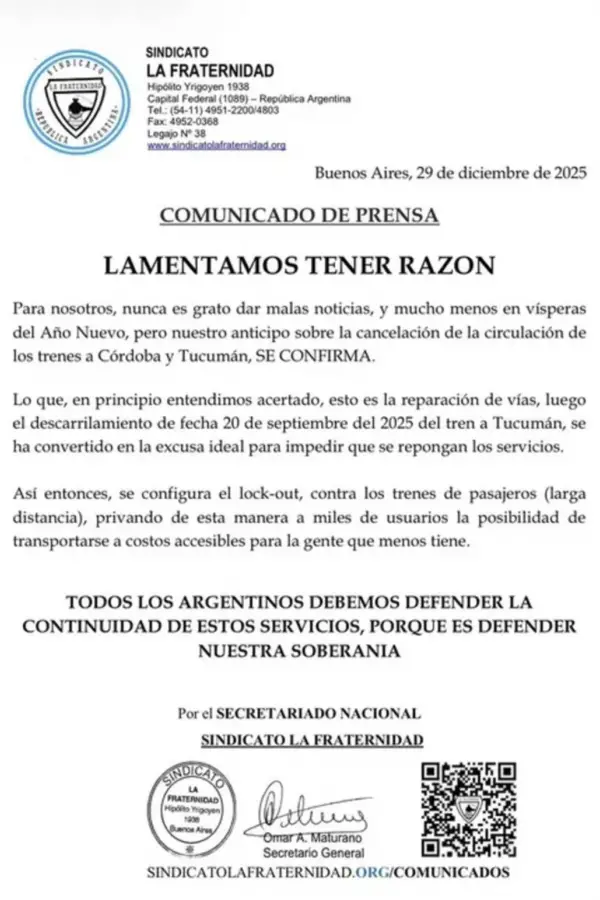 Lamentamos tener razón: suspenden los trenes que conectan Tucumán y Córdoba con Retiro