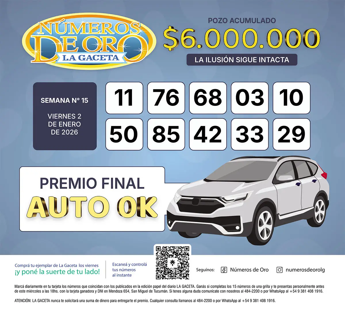 Los Números de Oro de LA GACETA del 2 de enero de 2026