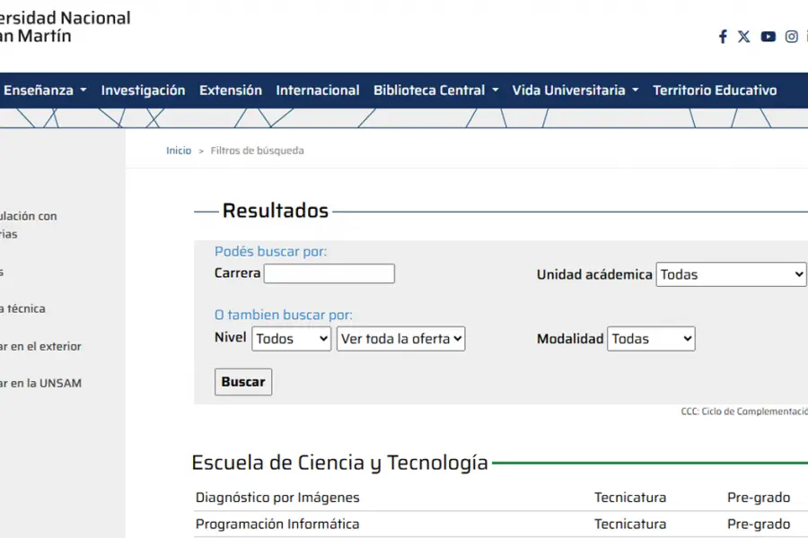 UNSAM. La universidad cuenta con un buscador online que permite explorar su oferta académica por carrera, nivel y modalidad. / CAPTURA DE PANTALLA