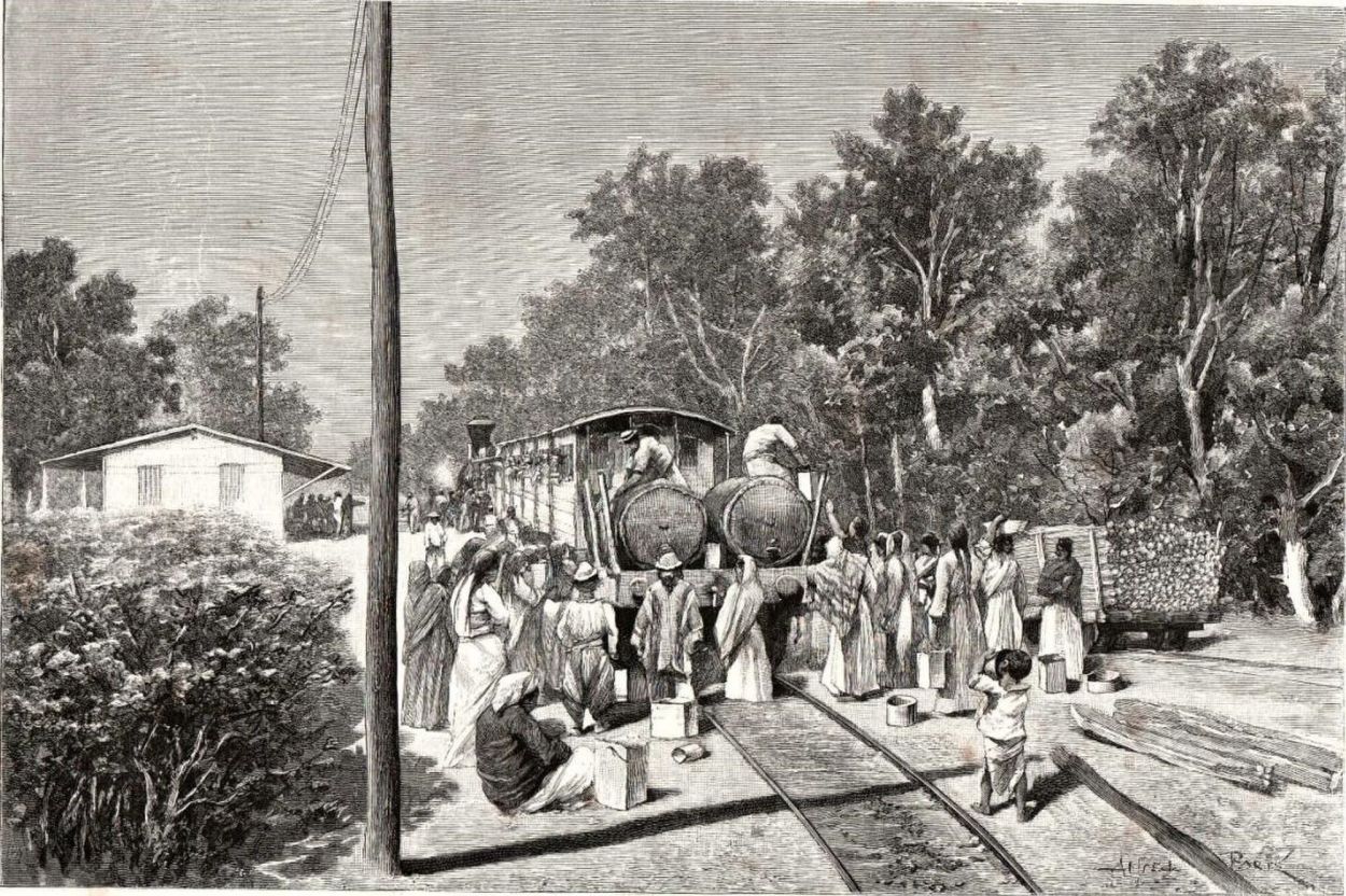 TREN CISTERNA. Un dibujo de Daireaux sobre mujeres que buscan agua.