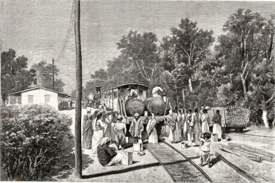 TREN CISTERNA. Un dibujo de Daireaux sobre mujeres que buscan agua.