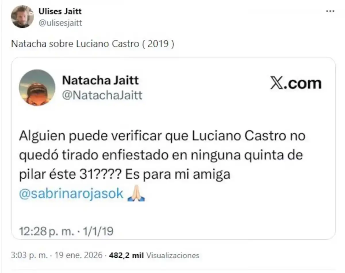 El viejo tuit de Natacha Jaitt sobre Luciano Castro que volvió a sacudir las redes: ¿qué decía?