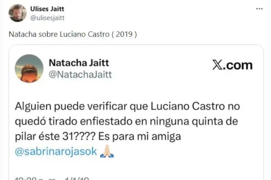 El viejo tuit de Natacha Jaitt sobre Luciano Castro que volvió a sacudir las redes: ¿qué decía?