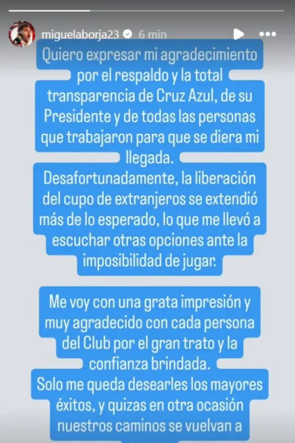 POSTEO. En Instagram, Borja descartó la posibilidad de sumarse al Cruz Azul y agradeció las intenciones de la CD de la 